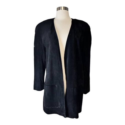 LORD & TAYLOR Suede Coat Black Open Leather Designer Boxy Pockets Korea 6 EUC - Picture 1 of 9