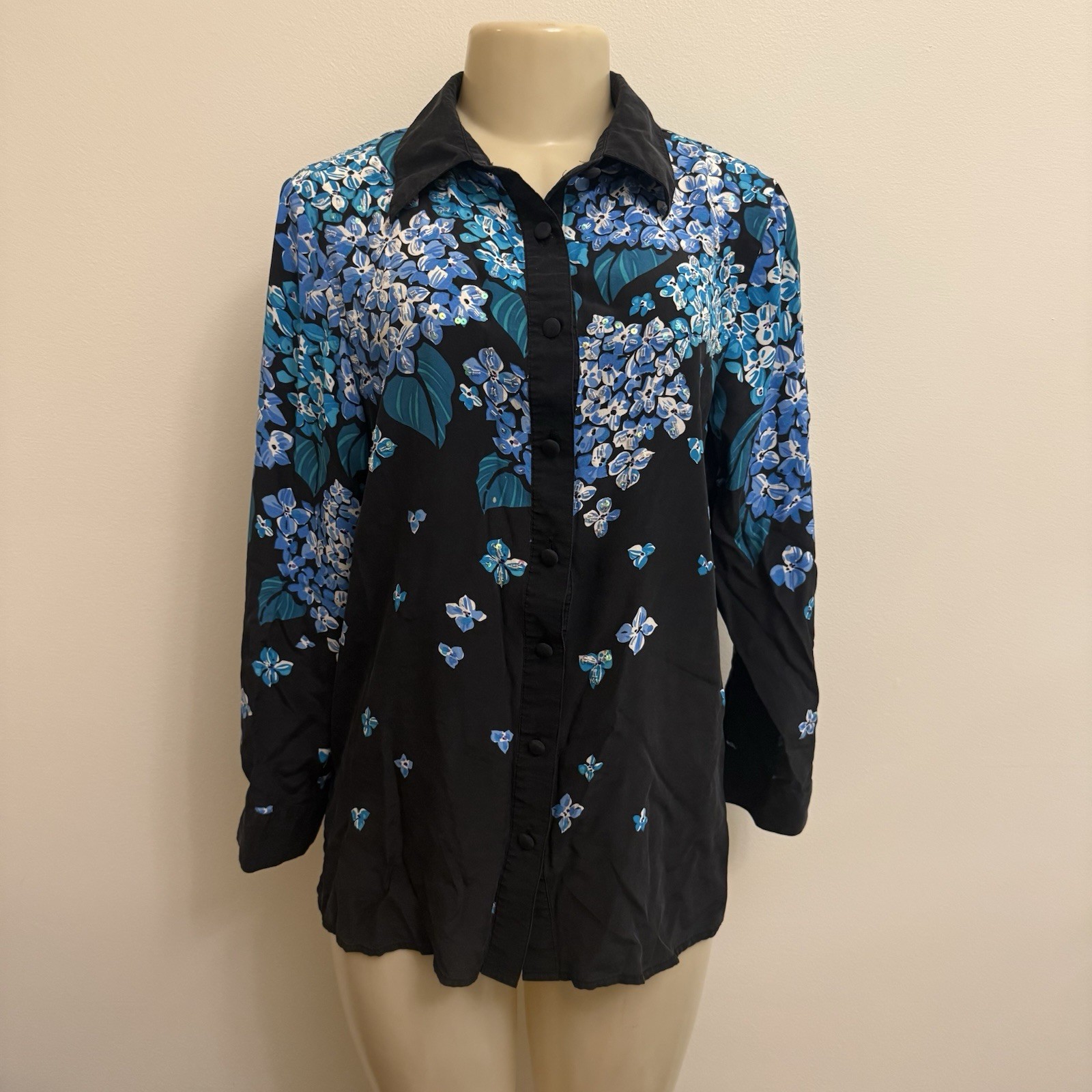 Bob Mackie Wearable Art Women Sz S Embellished Black Silk Button Up Blouse