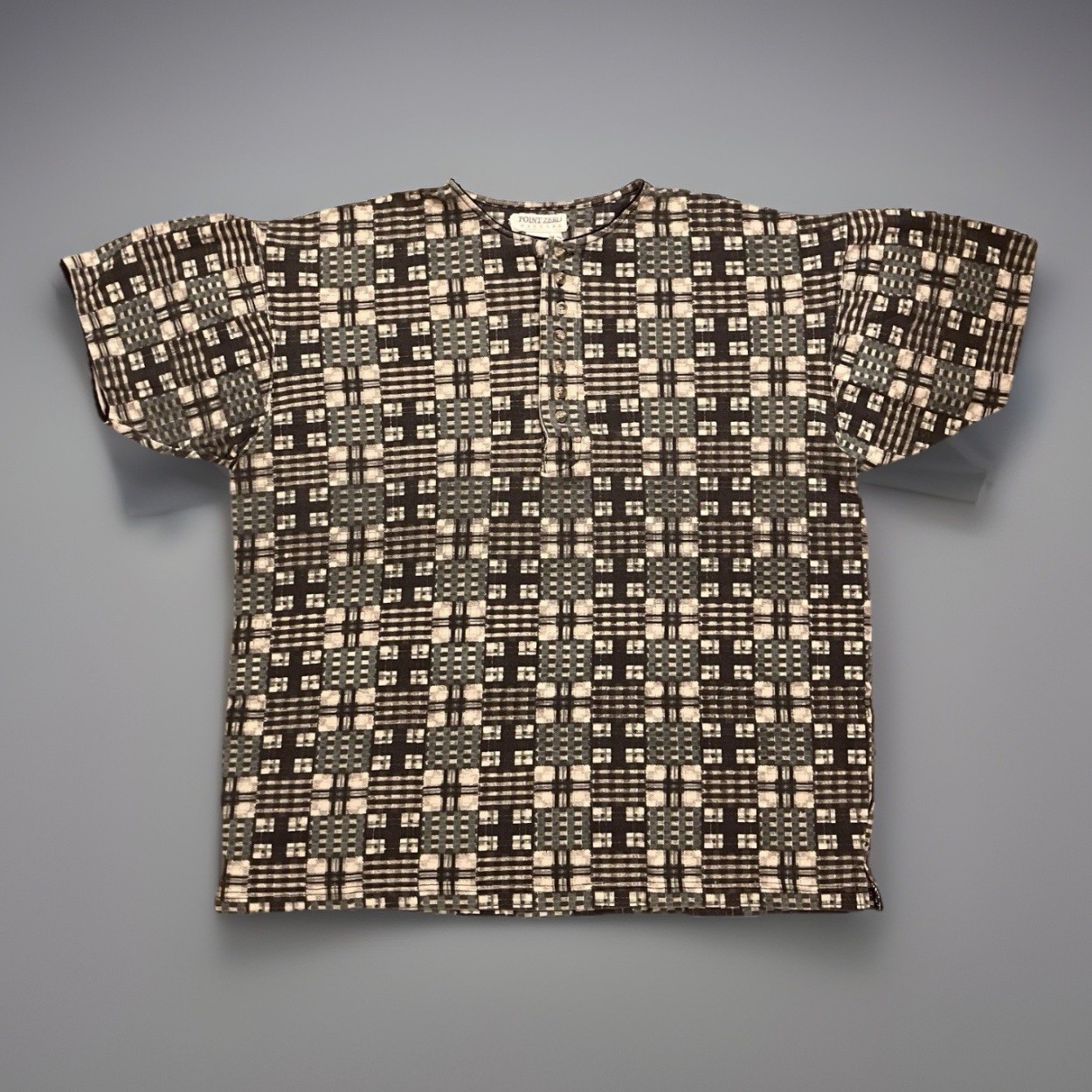 Vintage Point Zero Patchwork Pattern Henley Shirt… - image 1