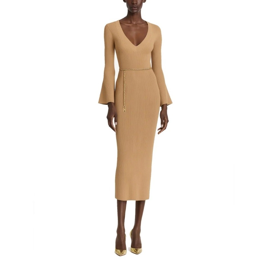 Michael Kors Women Camel Wool Knit Bell Sleeve V-neck Midi Sweater Dress Size M