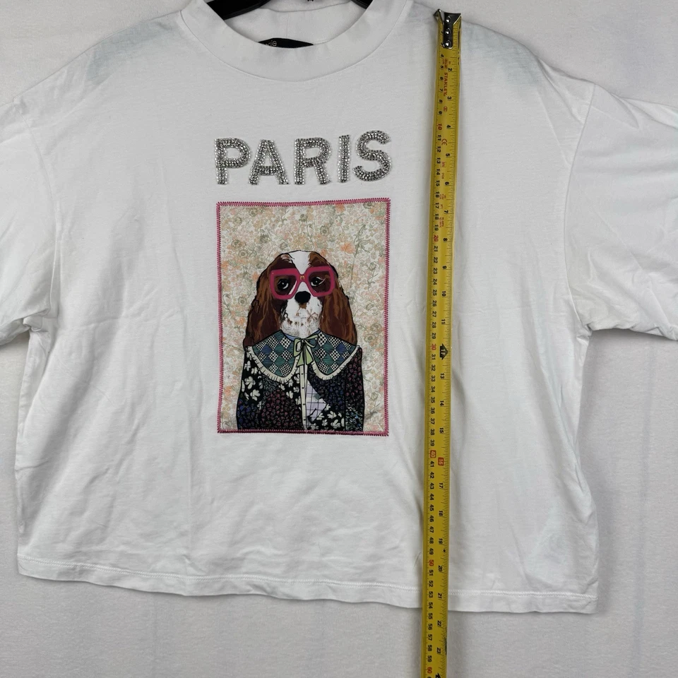 Женская футболка с коротким рукавом Maje белый хлопок размер 2 украшенная хрустальная собака - Изображение 4 из 4