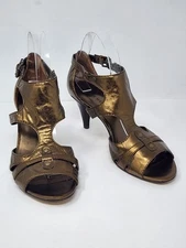 Nine West LeStyle Womens 8 Metallic Bronze Leather Heels Sandals Shoes Strappy