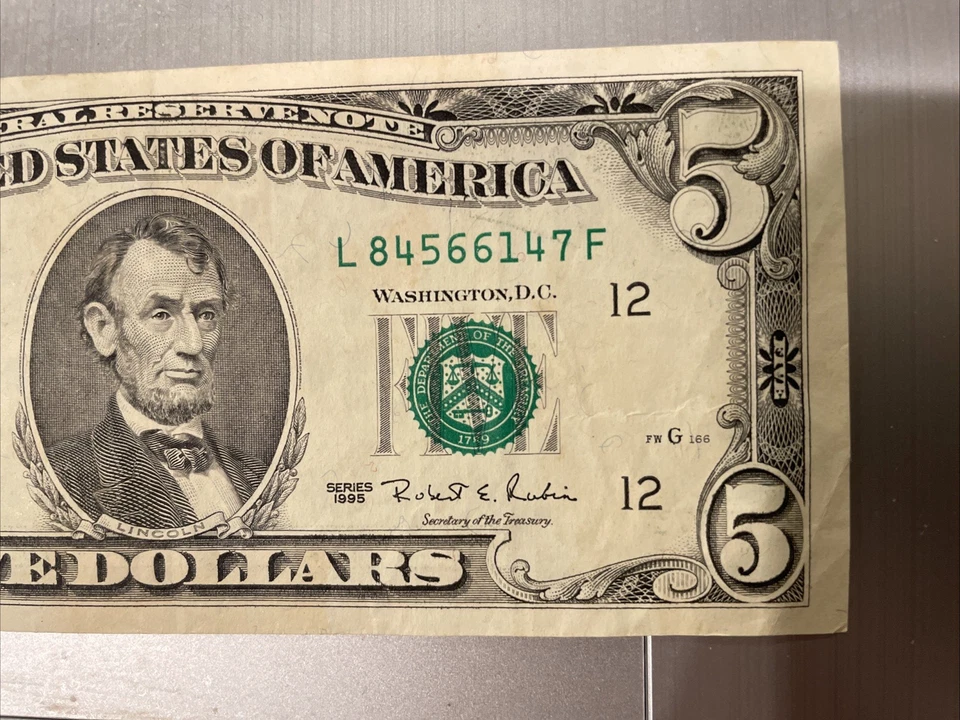 1995 Vintage 5 Dollar Bill San Francisco Federal Reserve - Image 4 of 4