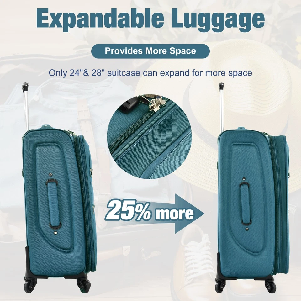 Conjunto de 3 peças de bagagem expansível Softside mala com bolsa de viagem vertical giratória - Imagem 4 de 4