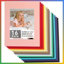 Picture Mats 11x14 Mixed Colors Pre-Cut Beveled 8x10 Opening 16 Pack Frame