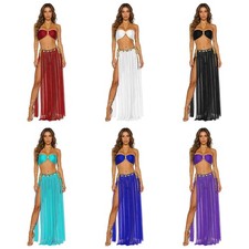 Women Clubwear Shiny Belly Dance Costume Rome Crop Top With Slit Mesh Skirt