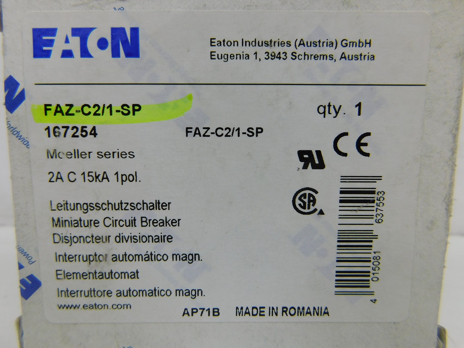 Eaton FAZ-C2/1-SP 2 Amp 1 Pole 480V Din Rail Circuit Breaker | eBay