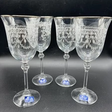 Le Stelle Crystal Silver Trim Floral Wine Glass Cristal Design Italy Set Of 4
