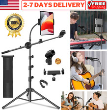 Microphone Stand with Tablet Phone Holder Boom Gooseneck Mic Adjustable Tripod