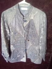 Women's Jacket Blue Denim Look, Beaded, Embroidery, Floral, Size 8/10 Petite