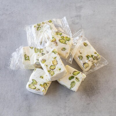 Soft White Nougat Candy, Individually Wrapped Pistachio Nougat, Divinity Candy