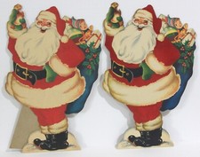 Pair of Whitman Santa Claus Standees with Red Felt Fur Outfit  Blue Bag
