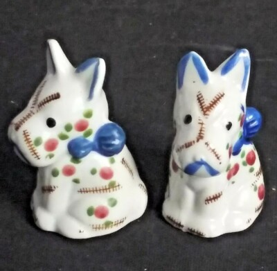 Vintage Patchwork Scotty Dog Salt & Pepper Shakers Porcelain Hand Painted Japan