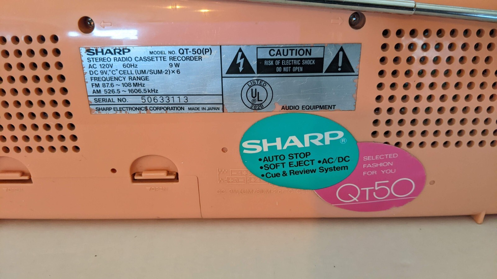 Vtg Pink Peach SHARP QT-50 Pink Stranger Things Boombox Radio Issues Please Read