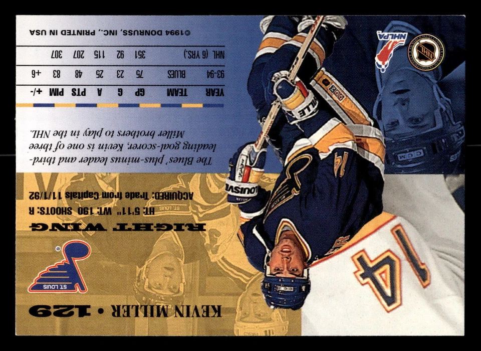 Kevin Miller 1994-95 Leaf #129 St. Louis Blues AUTO HAND SIGNED - Image 2 of 2