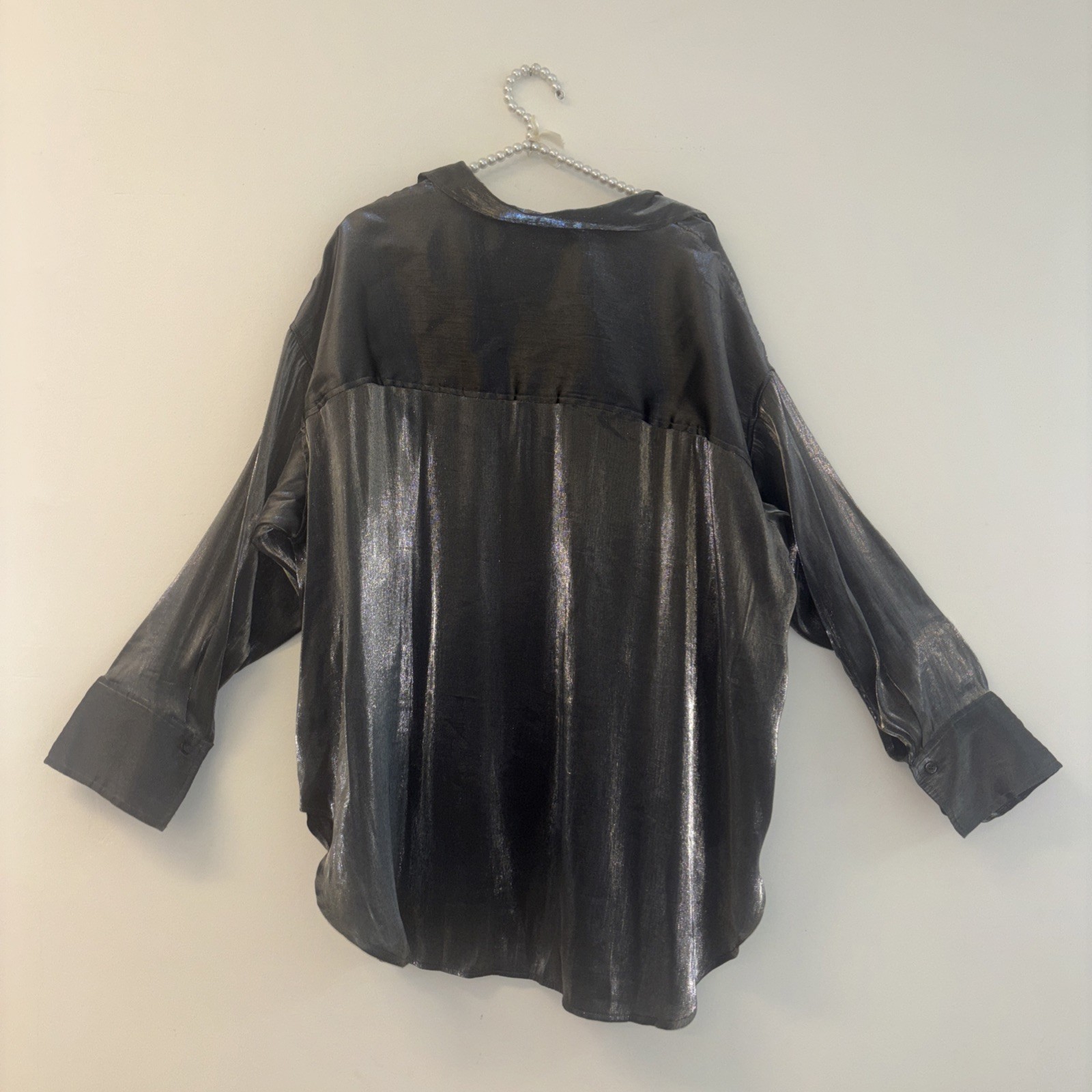 H&M Sz Lg Tunic Top Blouse Button Down Shirt Glam Metallic Rockabilly Old Money thumbnail 4