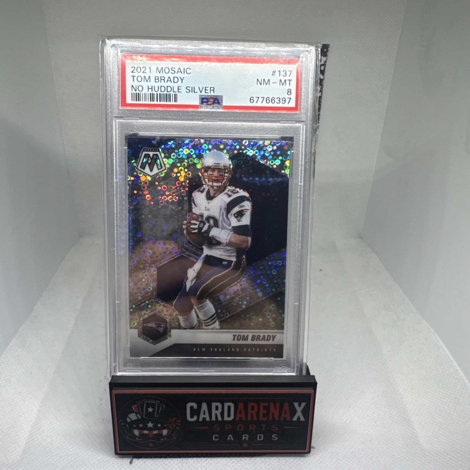 Panini 2021 Mosaic Tom Brady No Huddle Silver Mosaic Prizm Patriots PSA 8 (POP1) view 2