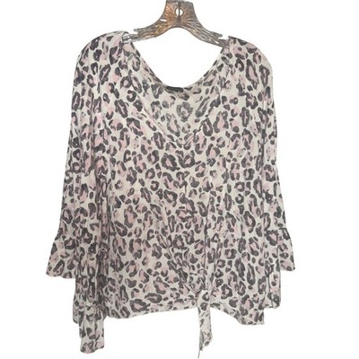 Coco + Carmen Leopard Print Blouse Women S/M Pink Grey Bell Sleeve Tie Front Top