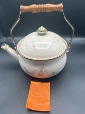 Vintage Marmalade International Geese Metal Enamel Tea Pot Kettle Pink Cottage
