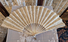 Antique Victorian Hand Fan Italian Lace Abalone Inlayed TLC 25 x 14 " Lot 5