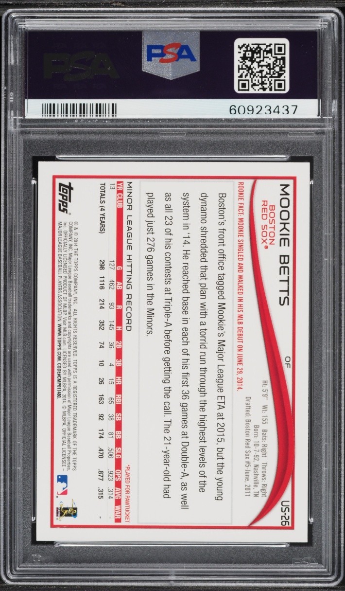 2014 Topps Update Batting Mookie Betts ROOKIE #US-26 PSA 10 GEM MINT view 2
