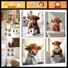 Funny Highland Cow Wall Art Set of 4 - Rustic Bathroom Decor, 8x10in Framed Prin