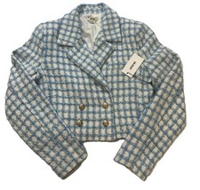 Jason Wu Womens Size 8 Blue Plaid Tweed Cropped Jacket Gold Buttons NWT
