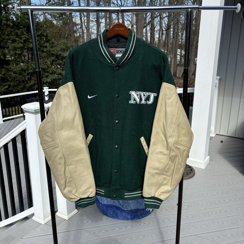 Vintage Nike New York Jets Varsity Jacket Leather Wool Size 2XL Green Bomber NFL