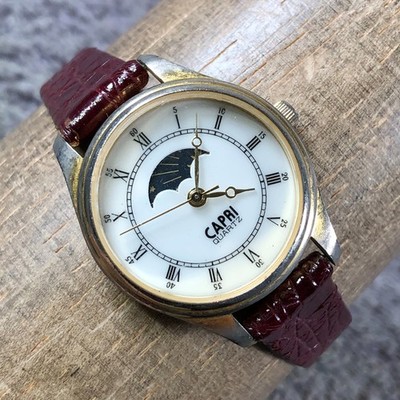 Vtg Capri Women Dress Moon Phase Brown Leather Quartz Analog 28mm Watch 6 3/4''