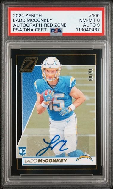LADD MCCONKEY Autographed Signed Los Angeles Chargers 2024 ZENITH #166 -RED ZONE 15/99 PSA/DNA NM-MT 8 AUTO 9 