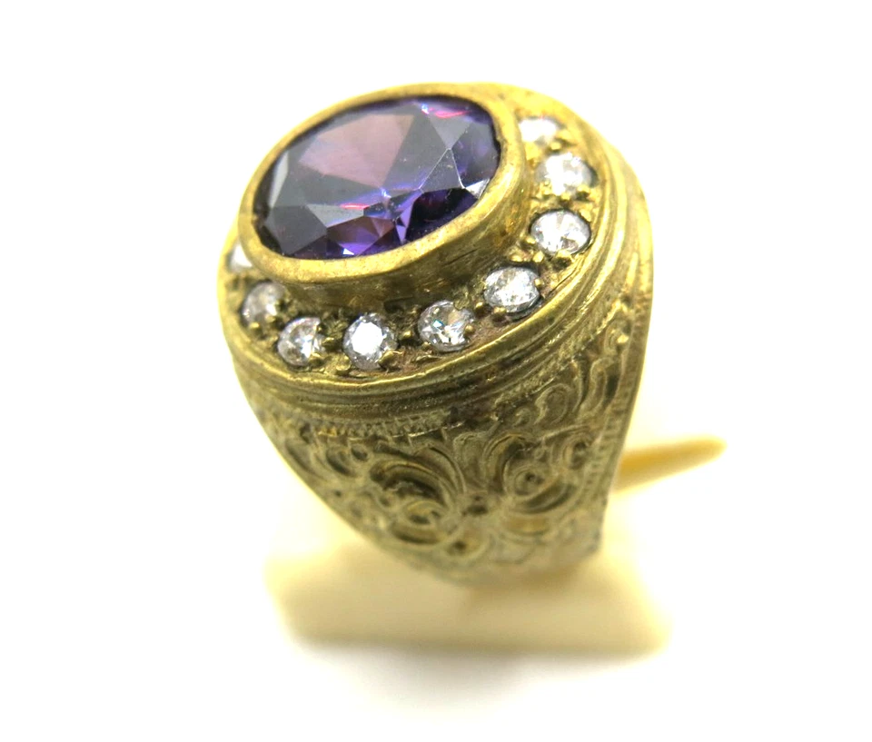 Anillo de sello vintage de latón para hombre - piedra amatista con diamantes circonita cúbica - talla 9 - 20 x 20 Foto 2 de 4