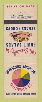 Matchbook Cover - Hank Oliver's Bright Spot Chilliwack BC CREASES