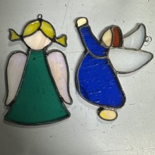 Vtg Set Of 2 Stained Glass Angels Sun Catchers Religious Window Art
