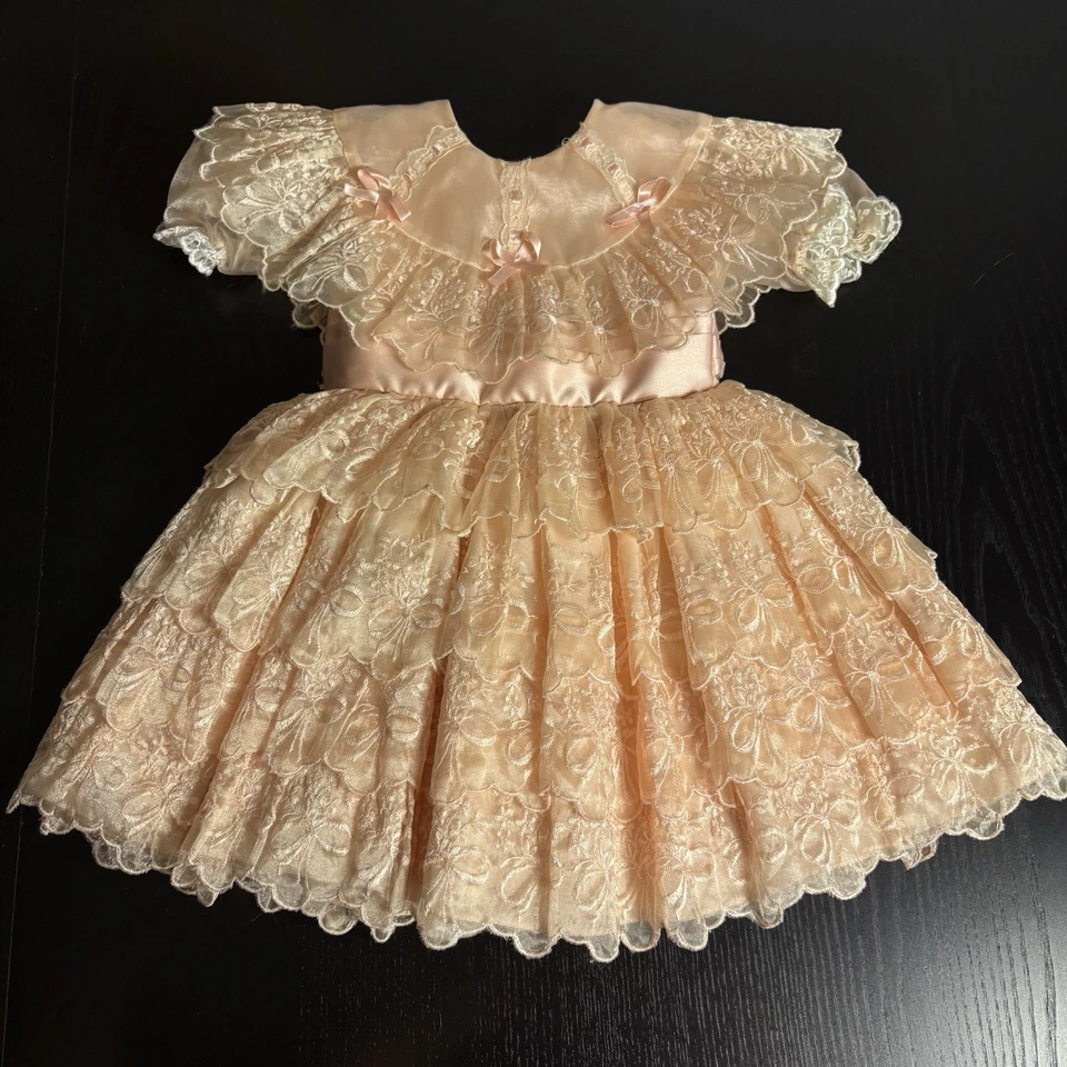 Vintage 80s XIOMARA Toddler Girl Size 2 Peach Frilly Pageant Party Circle Dress - Image 2 of 4