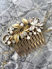 Handmade Vintage Gold Tone Floral Hair Comb   Crystal Rhinestone  Pearl Accents