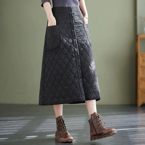 Damen A-Linie Midi Rock Hohe Taille Gesteppt Gepolstert Knopf Tasche Locker Warm Freizeit - Bild 4 von 9