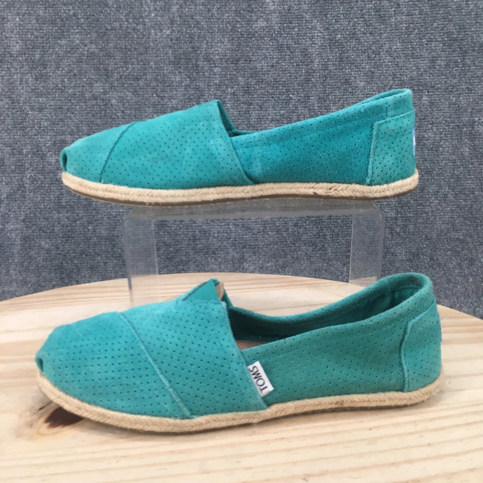 Zapatos Toms para mujer 9 alpargatas planos verde azulado gamuza cómodos sin cordones perforados Foto 2 de 4