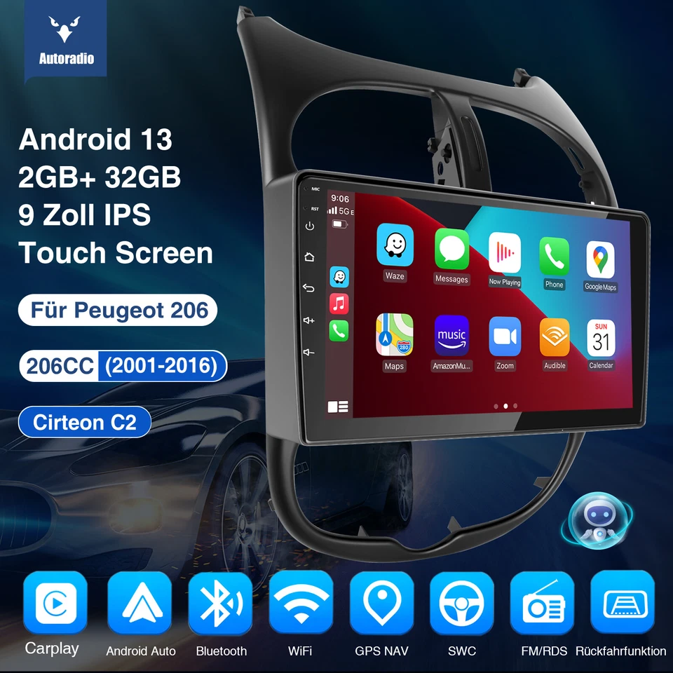 DAB+ 2+32G Android 13 Autoradio Carplay GPS Navi WIFI RDS KAM Für Peugeot 206 CC - Bild 2 von 4