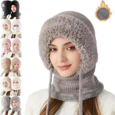 3 in 1 Women\'s Beanie Hat Knitted Balaclava Hat with Scarf Attached Winter Balaclava With Scarf And Mask Hat With Scarf Attached  main image 4