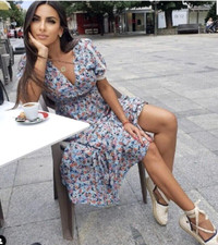 ZARA Blue Red Floral Print V-Neck Lace Midi Summer Tea Dress Size XS / S /M 8 10