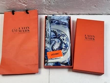 Latin Market 100% Silk Scarf Blue White Pottery Printed Classic 41" x 41" NWT