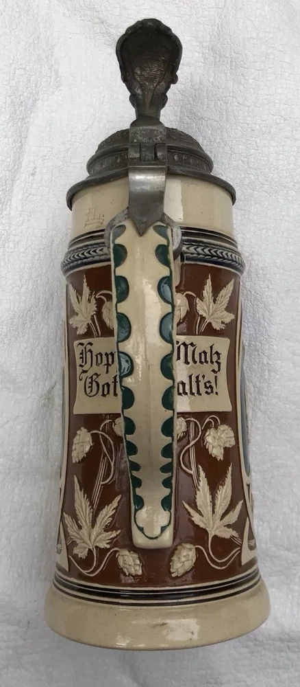 Alter Bierkrug, 1 Liter, Zinndeckel, Hopfen und Malz Gott erhalt's!