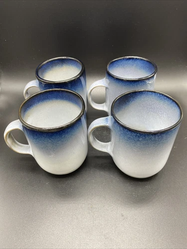 Peter Pots Studio Pottery Two-Toned Glazed Ombré Blue Coffee Cup Mugs Set Of 4