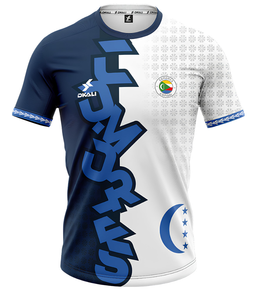 Maillot Comores 2025/2026 DKALI Officiel coloris bleu et blanc pour supporter