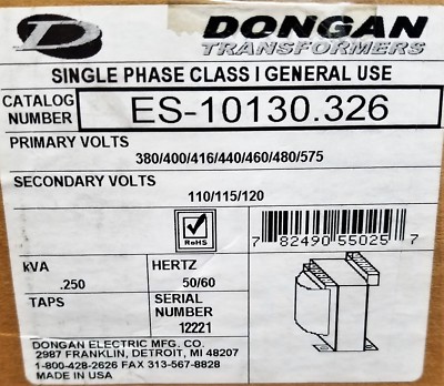 Dongan Transformer ES-10130.326, 250 kVA, 460V/480V Pri, 120V Sec, 1-Phase  [B8S2 | eBay