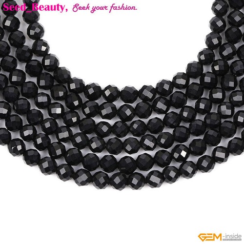 Black Agate Faceted Stone Natural Gemstone Loose Beads Jewelry Making 15" DIY - Picture 22 of 63