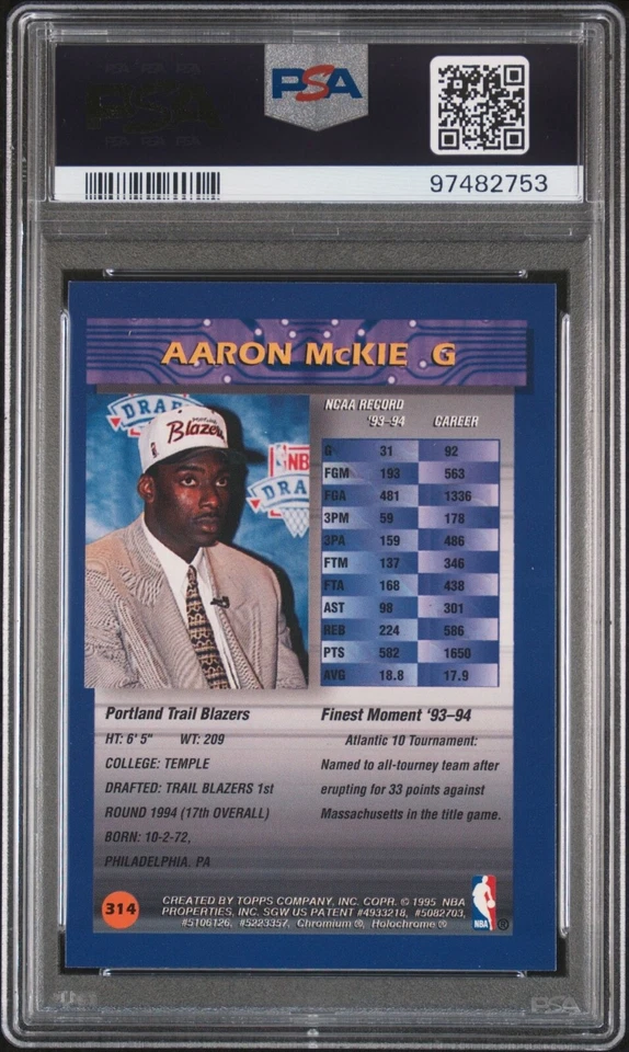 PSA 8 1994 FINEST REFRACTOR AARON MCKIE W/COATING RC #314 SP BLAZERS FRESH GRADE - Image 2 of 2