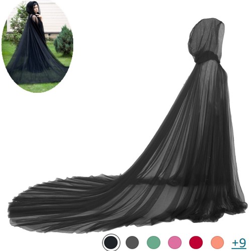 Women Wedding Tulle Cape Hooded Elf Cloak Bridal Dress with Long Train Gothic - Afbeelding 1 van 36