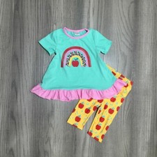 NEW Boutique Back To School Apple Rainbow Girls Outfit Set