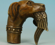 Old Bronze Hand Carved Dog Bitten Birds Statue Cane Walking Stick Head Chinese